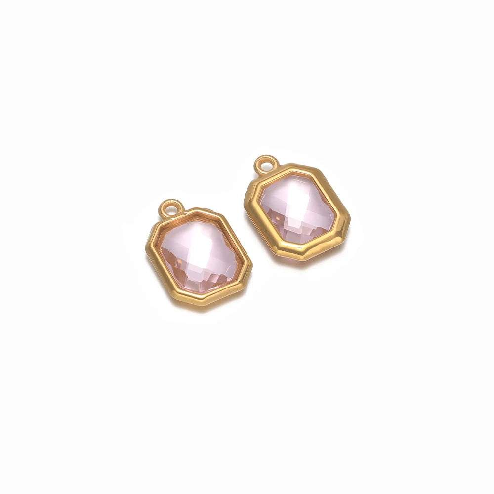 Stainless steel hexagon glass charm connector, pale pink glass with gold-tone frame and 2 loops