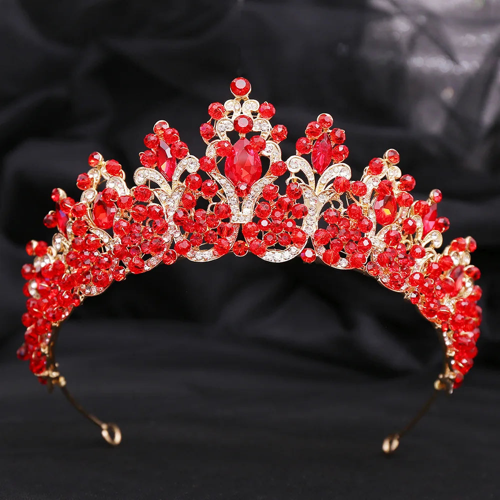 Red crystal bridal tiara crown with vibrant stones and crown-shaped center design
