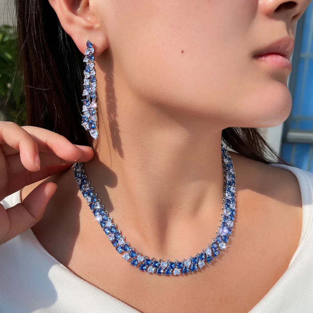 Luxury Shiny Blue CZ Zircon Heart Shape Wedding Jewelry Sets for Women Bridal Necklace Earrings