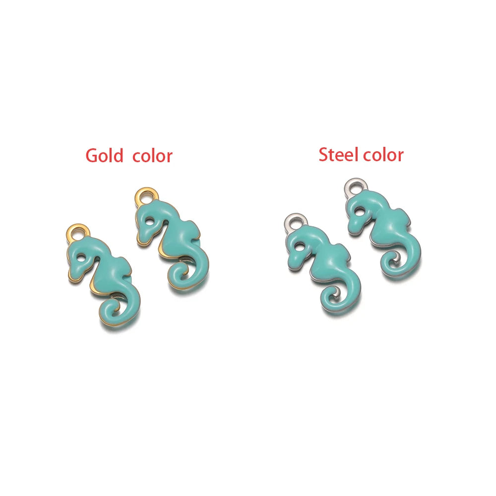Teal seahorse-shaped charm set with loop, gold-tone and silver-tone finishes.