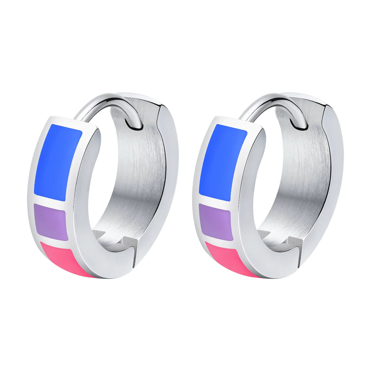 Pair of stainless steel huggie hoops with blue, purple, and pink enamel blocks