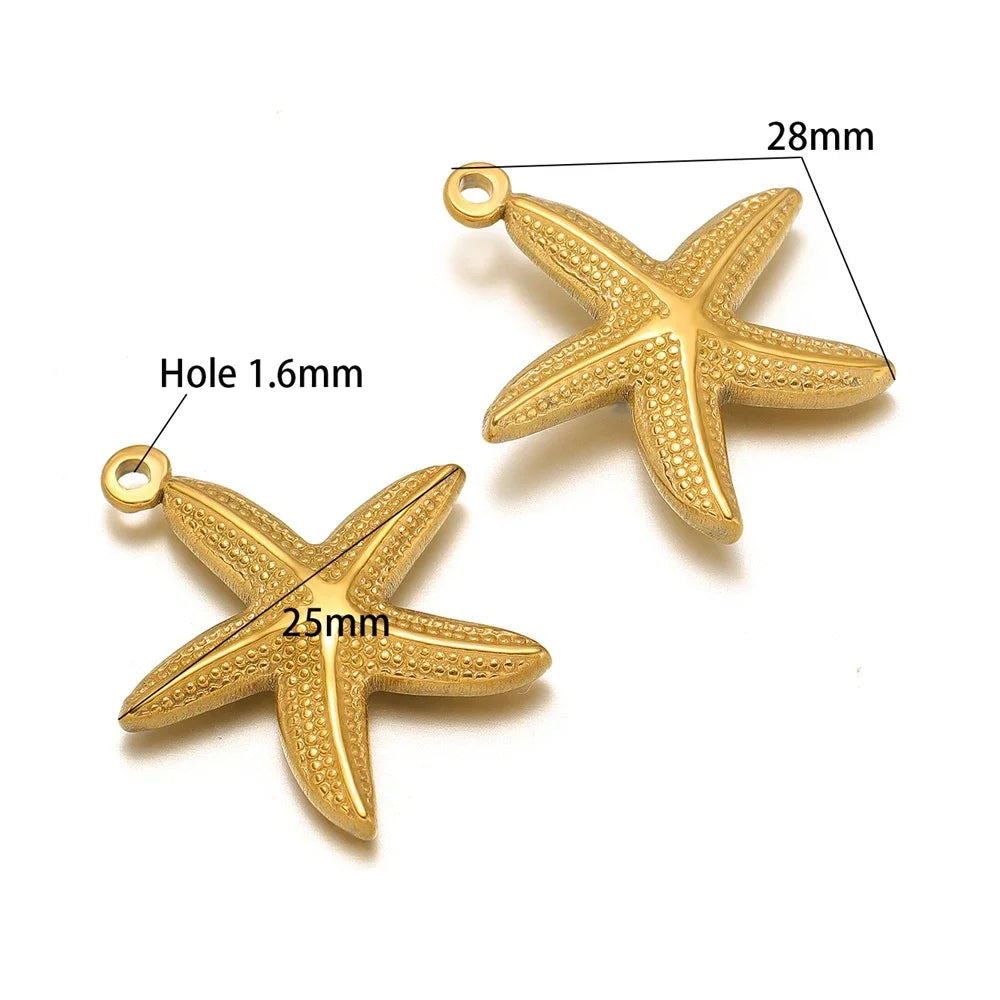 Gold starfish charm pendants, 28mm and 25mm, with 1.6mm holes