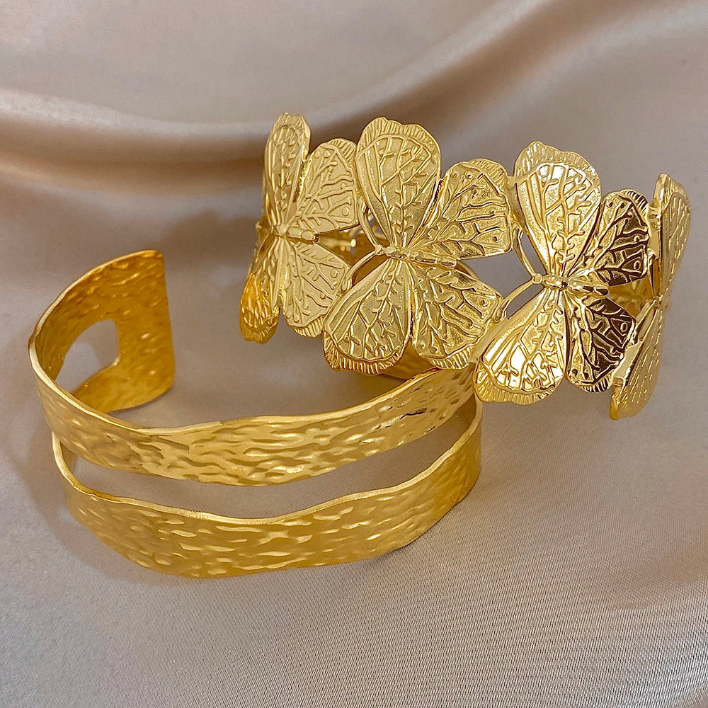 Irregular Hammered Geometric Butterfly Stainless Steel Cuff Bangle Exaggerated Gold Plated Wide Bracelets Waterproof Jewelry Set