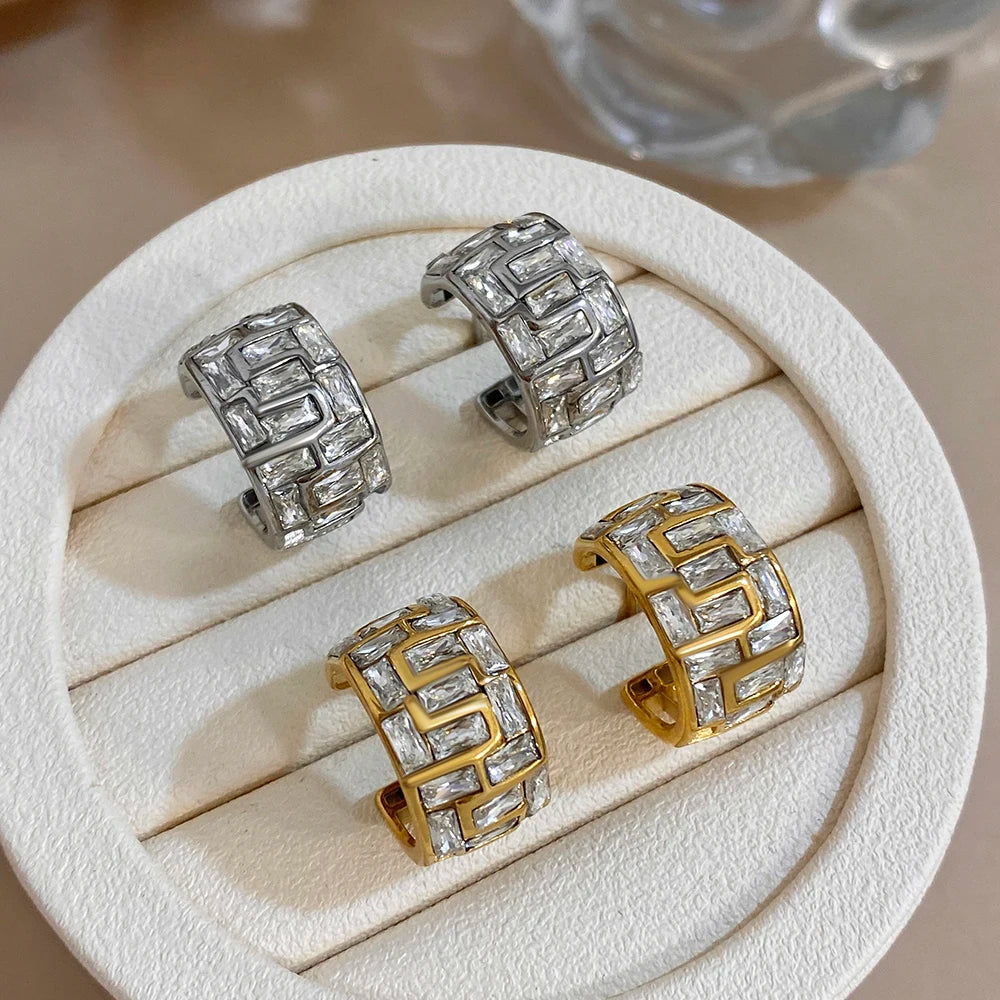 Geometric zircon hoop earrings in gold and silver finishes