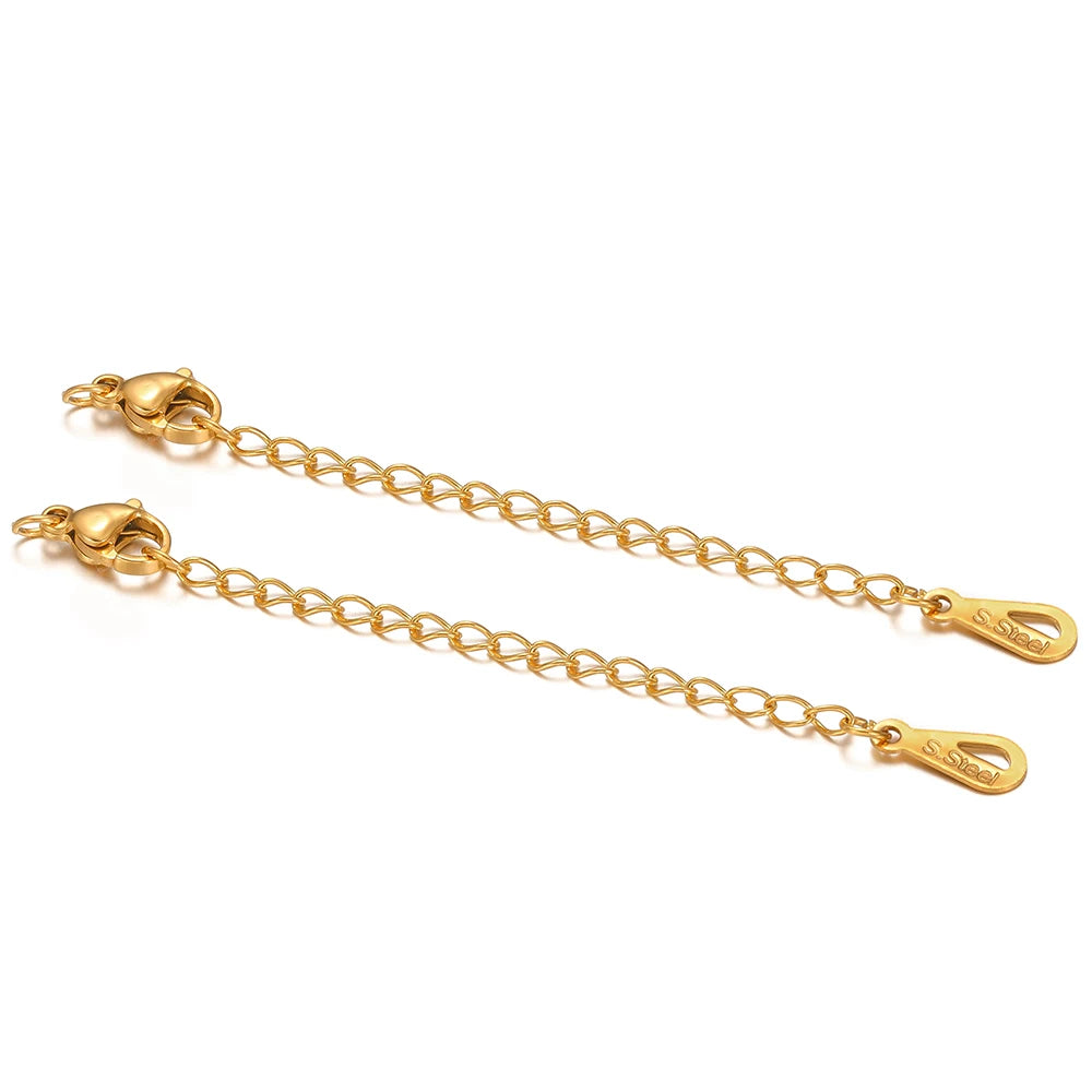 Gold lobster clasp extension tail chains with linked loops and engraved end tag