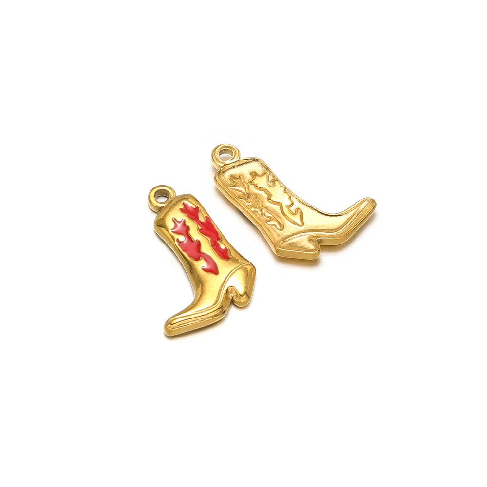 Gold-tone boot charm pendants with red enamel accents, two pieces with loop bails