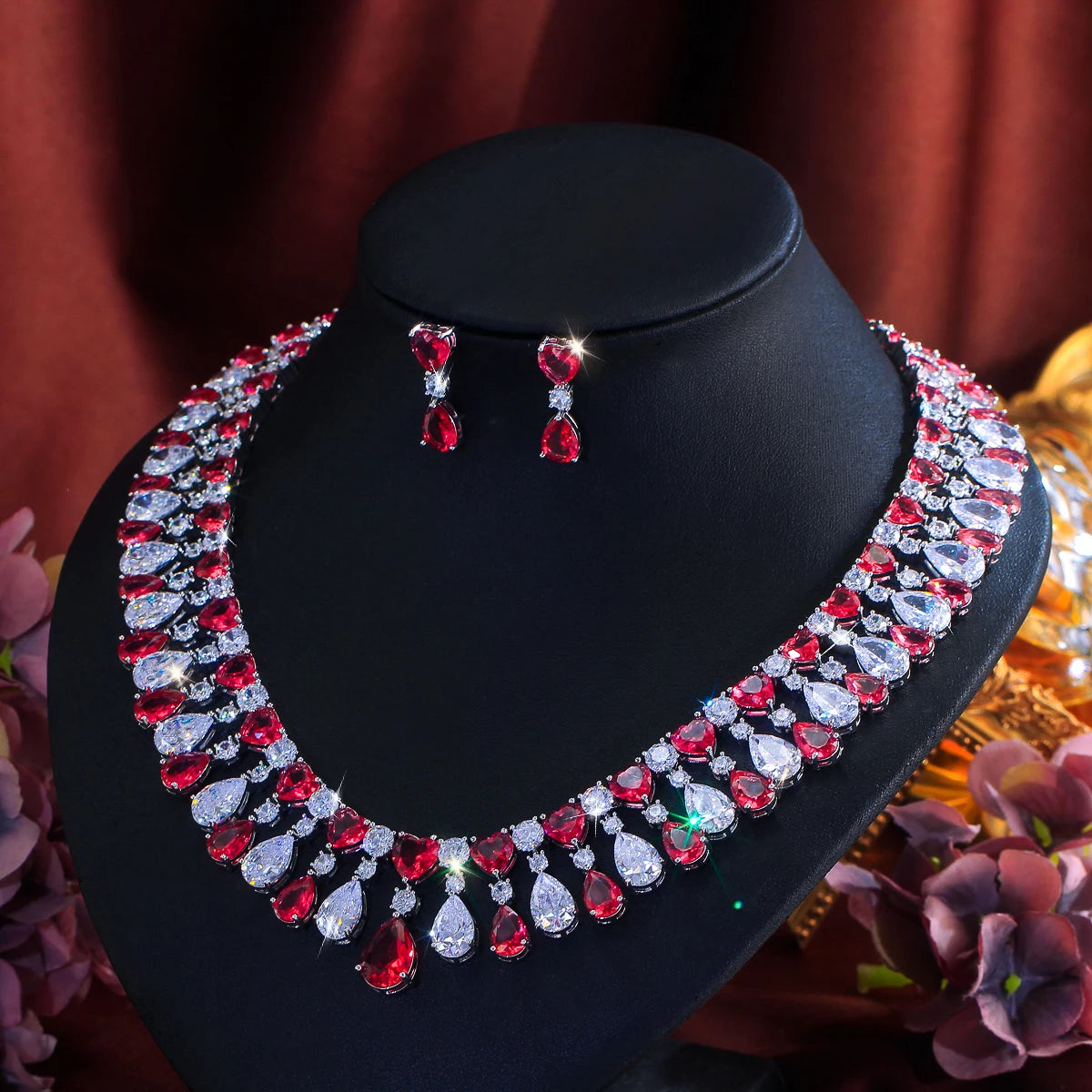 Red and clear teardrop rhinestone choker necklace with matching heart drop earrings