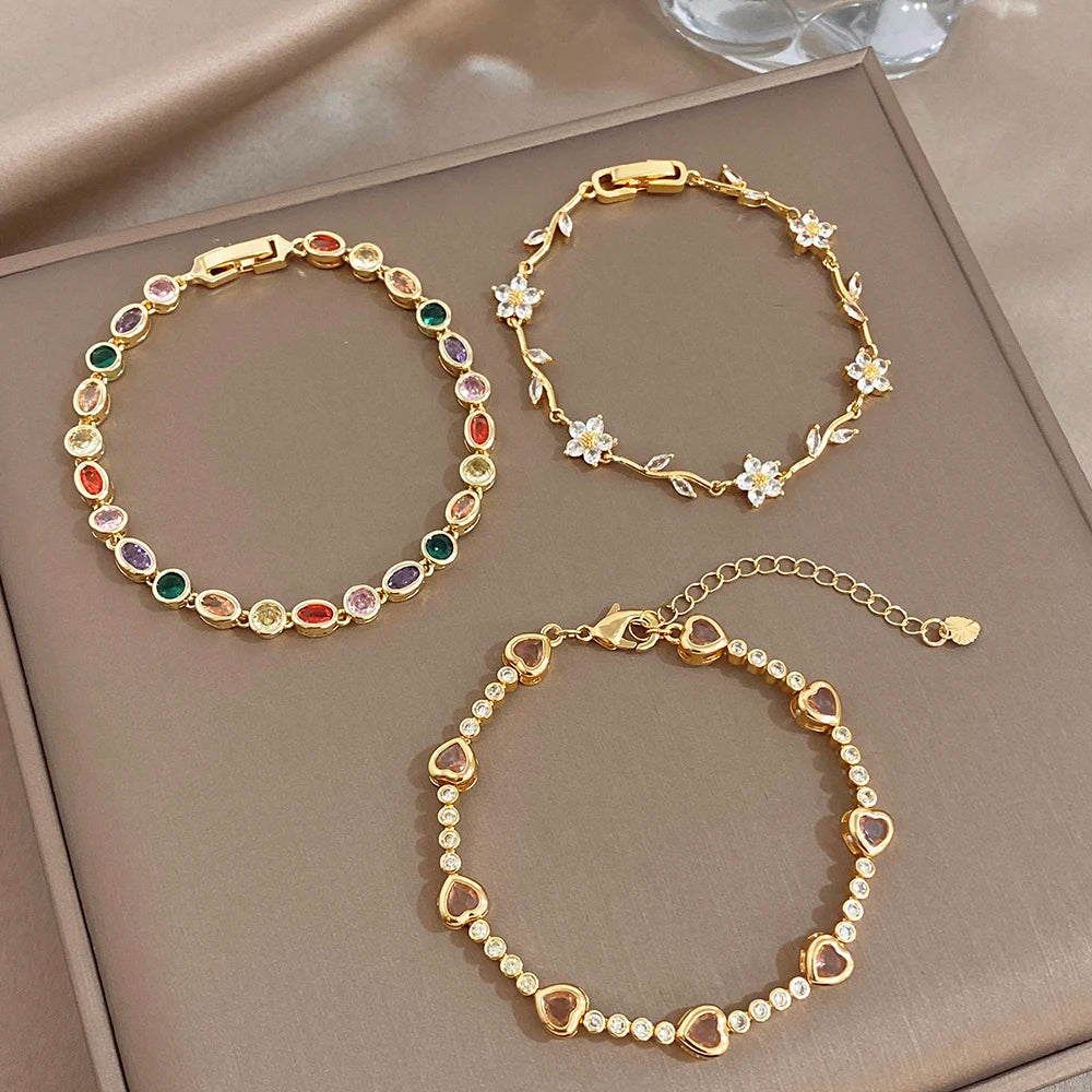 Gold-plated copper bracelet with rainbow zircon oval beads and round multicolor stones