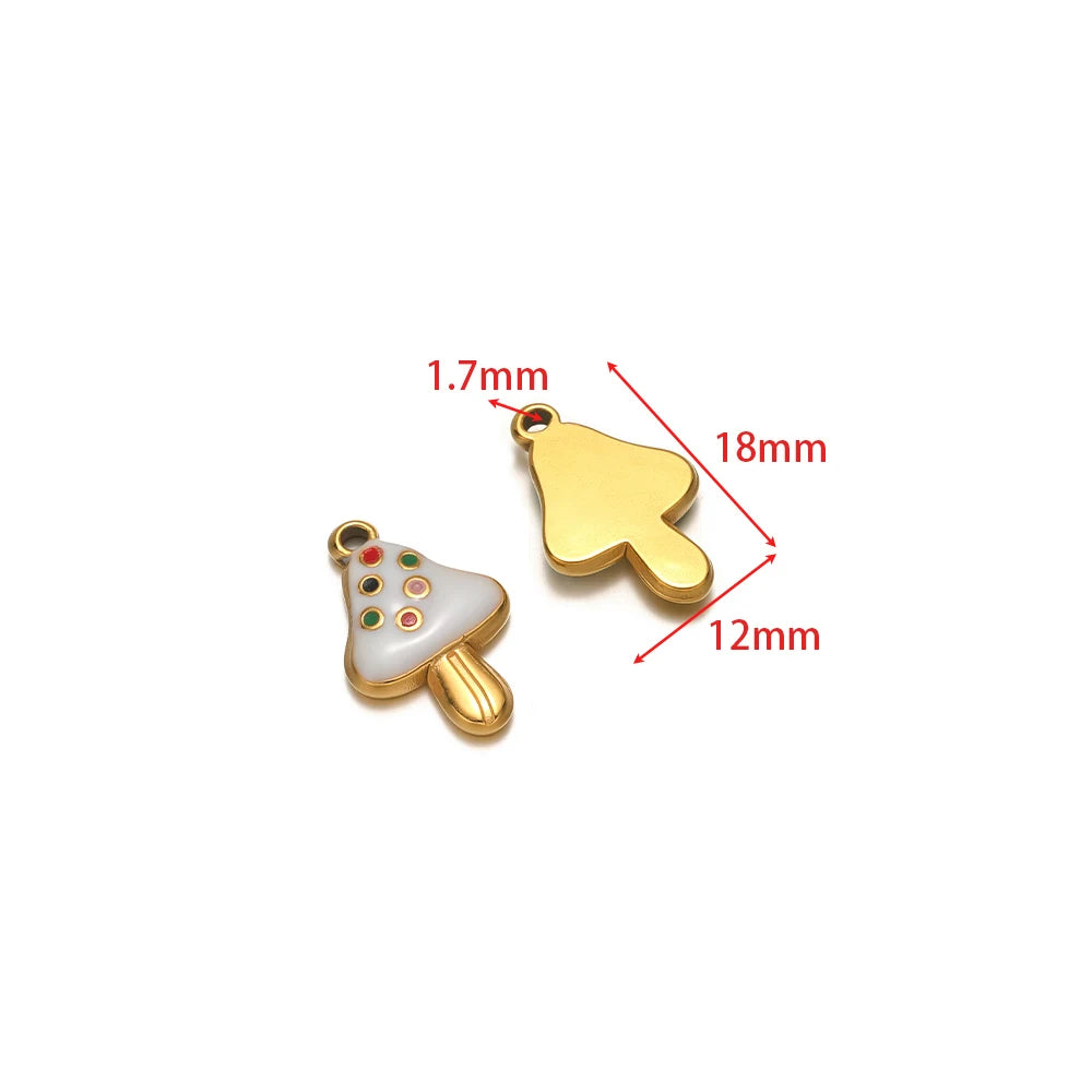 White dotted strawberry charm and yellow mushroom charm with enamel and gold loop