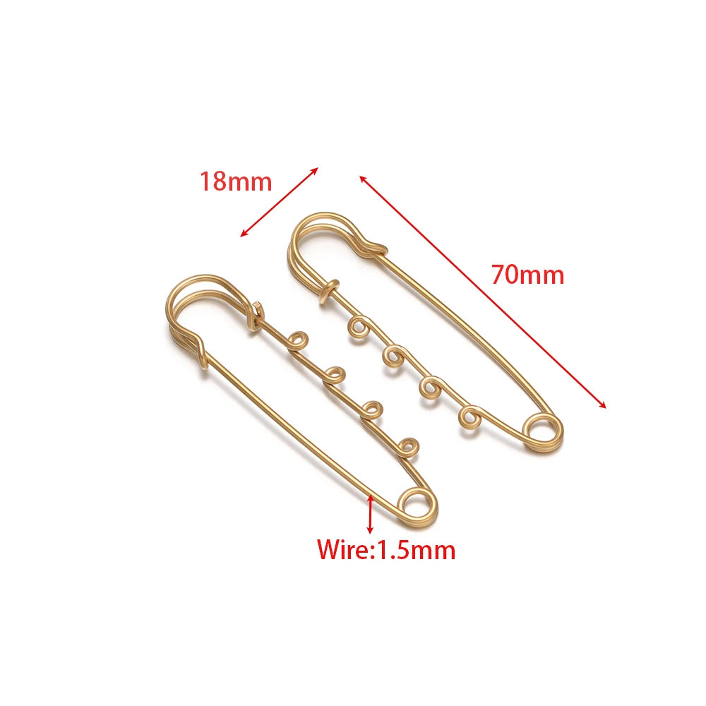 Gold multi-hole safety pin brooch dimensions: 70mm length, 18mm, 1.5mm wire