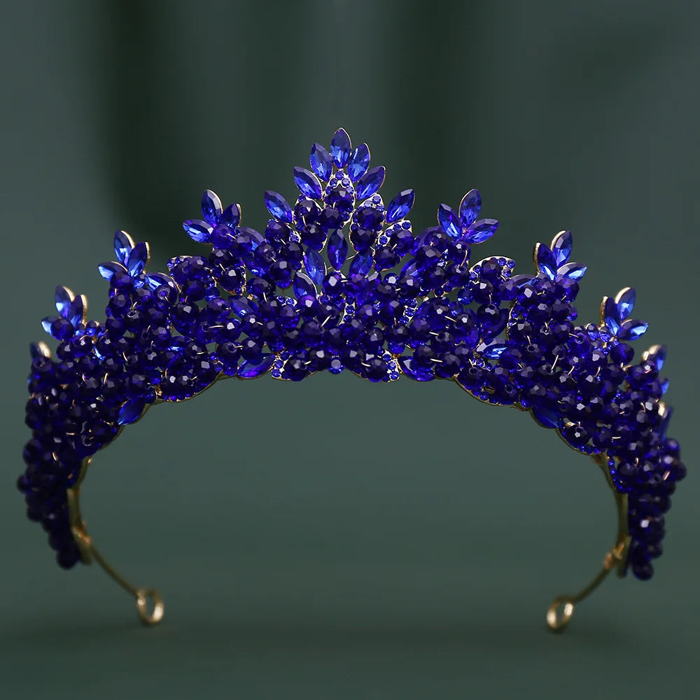 Cobalt blue crystal bridal tiara crown with floral teardrop stones