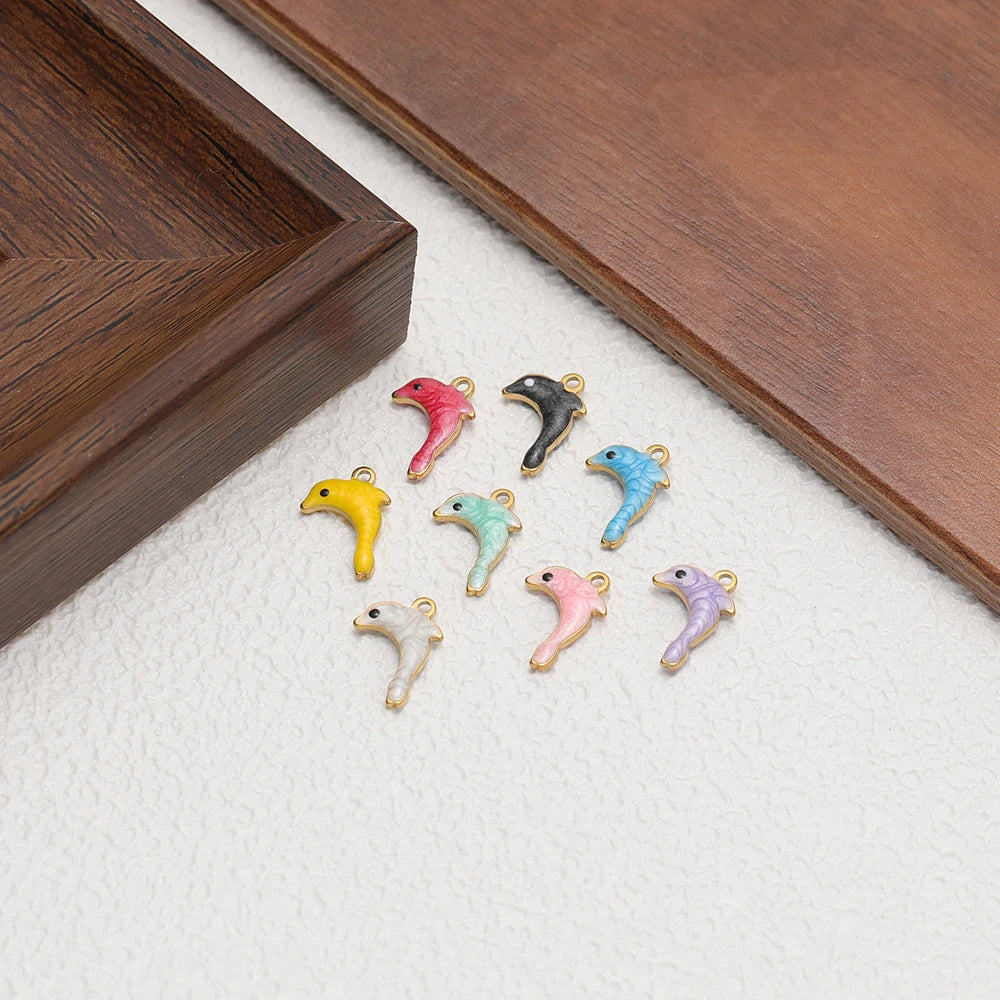 Enamel dolphin charm set with mixed colors, small dangle shapes with metal loops
