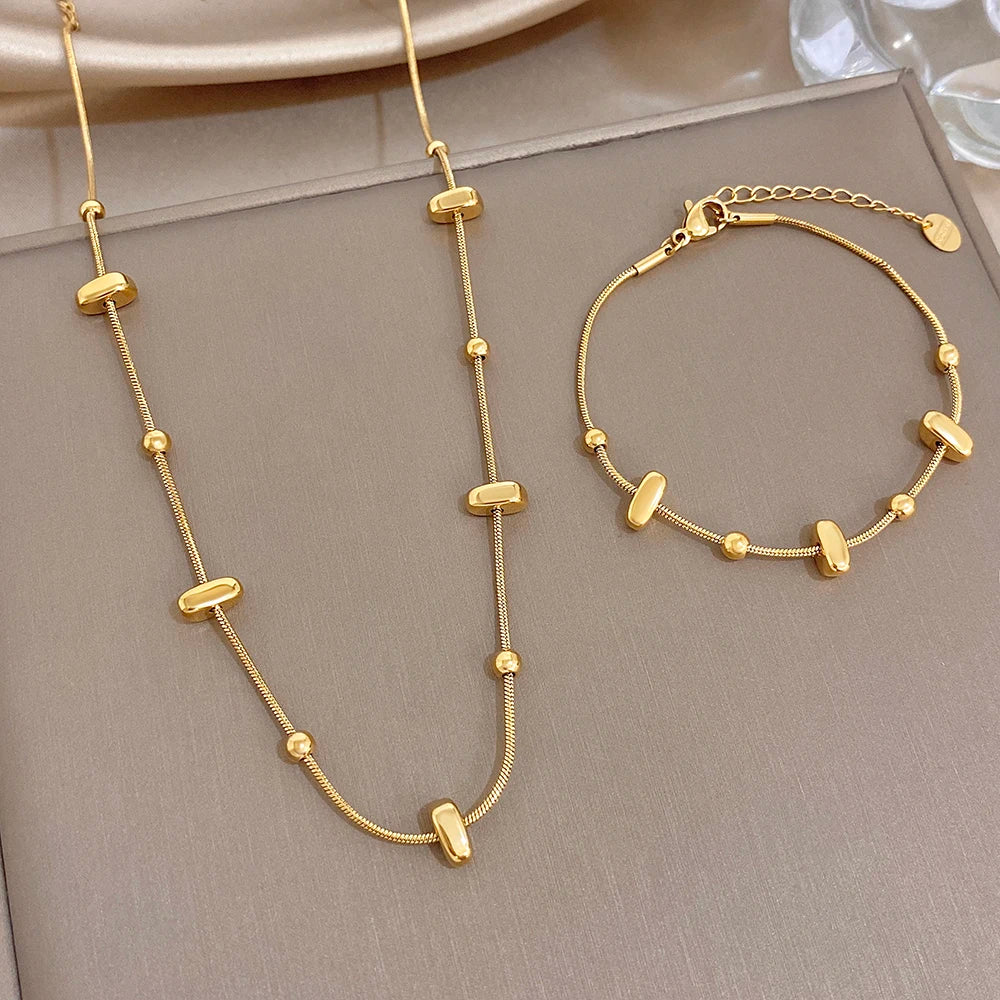 Trendy Gold Plated Stainless Steel Thick Chain Necklace Bracelet Geometric Beads Link Chain Waterproof Necklaces Bracelets