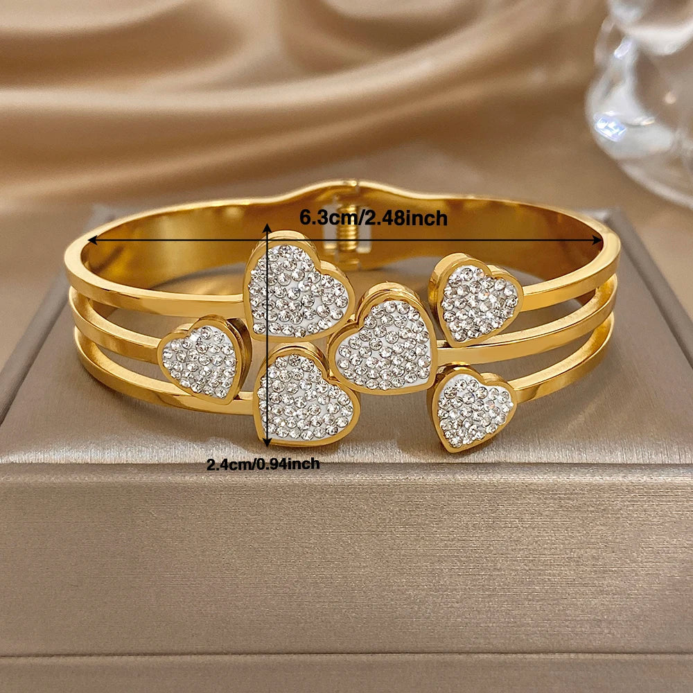 Irregular Zircon Heart Cuff Bangle Bracelets for Women Delicate Gold Plated Stainless Steel Chunky Bracelets Waterproof Jewelry