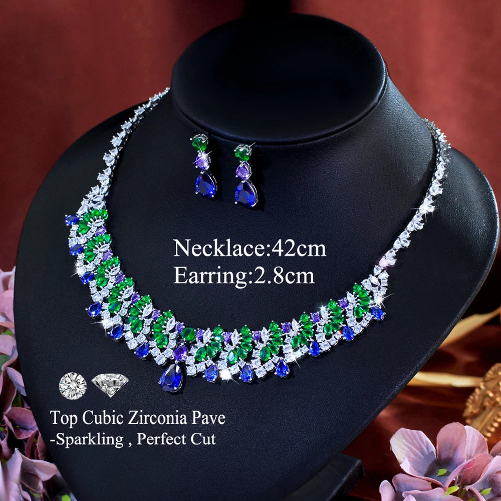 Silver-tone necklace and earring set with green, purple, blue and clear zircon stones