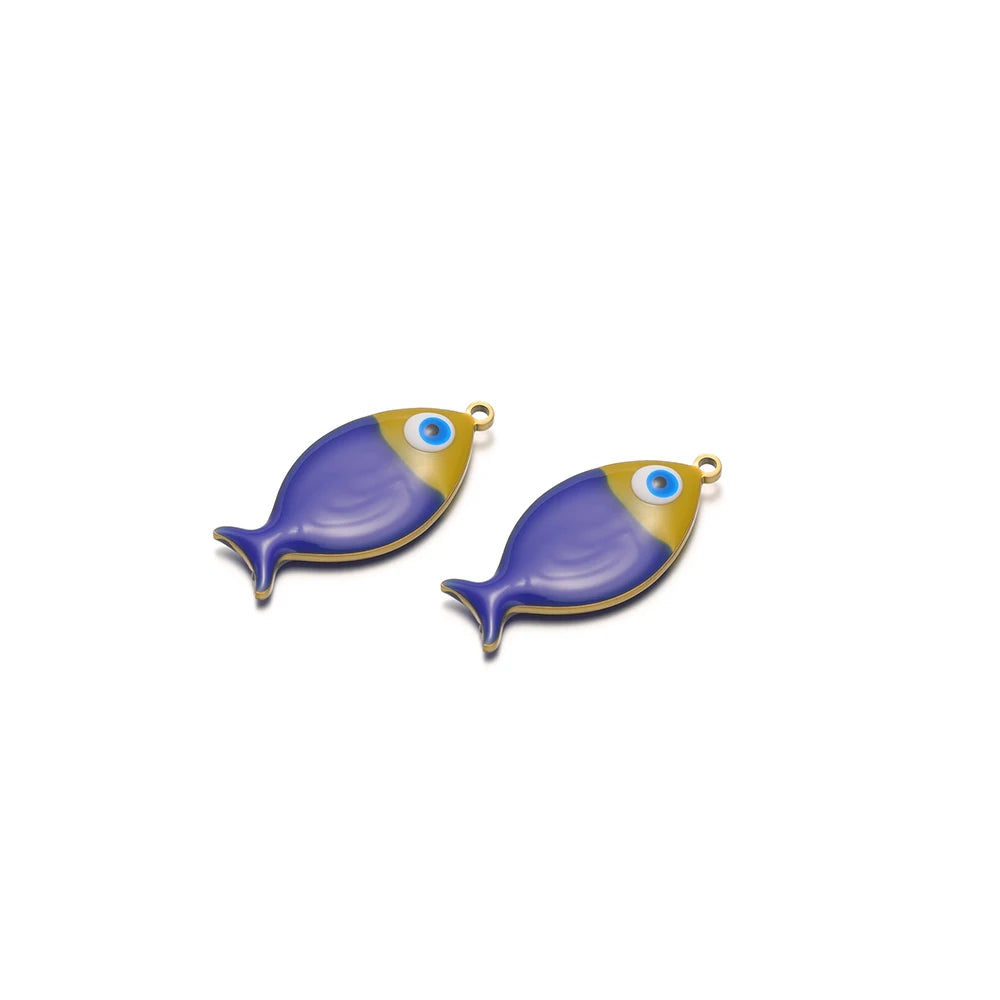Blue enamel fish charms with gold loop and blue eye detail, 2pcs for DIY jewelry.
