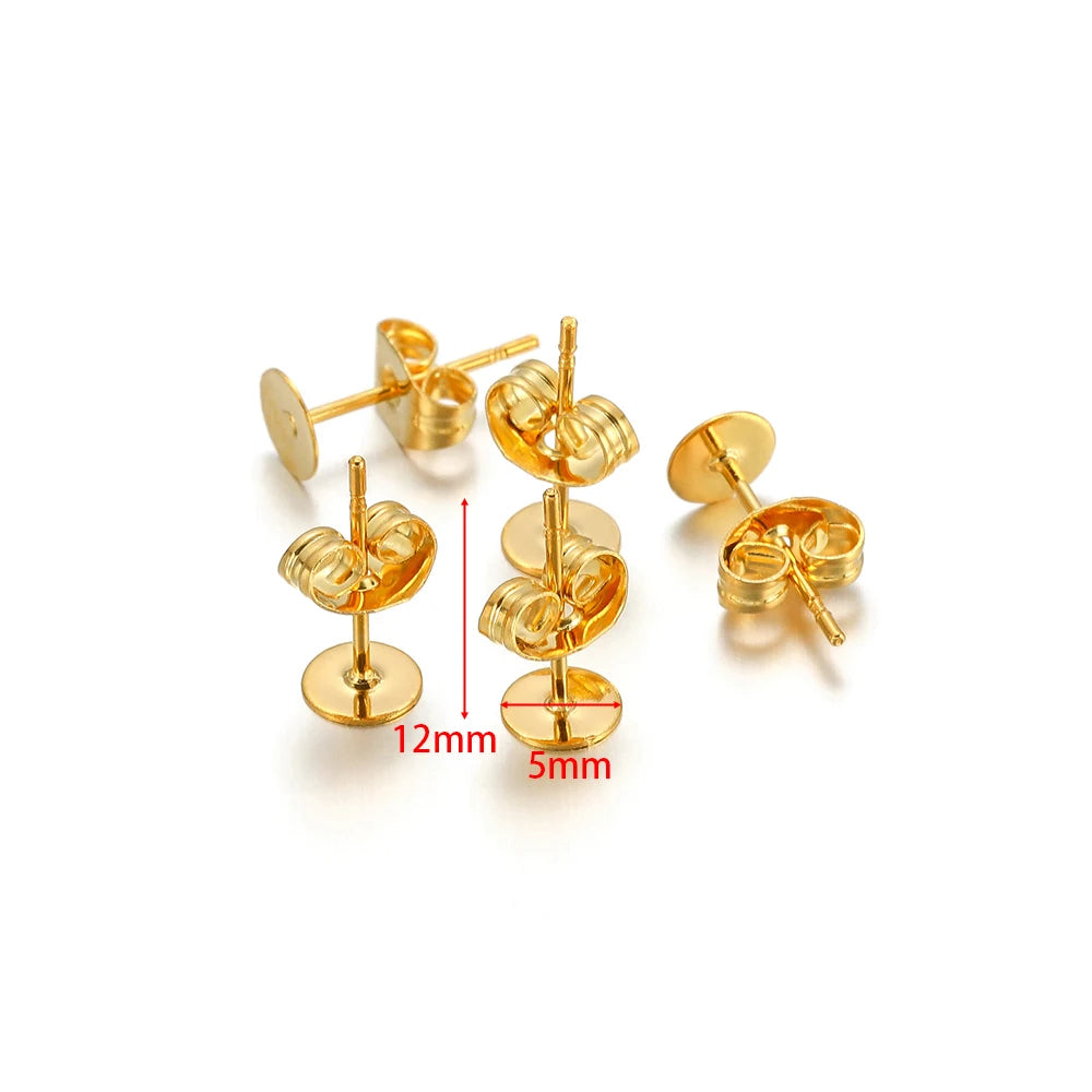 Round flat blank ear stud settings, gold-tone, 12mm posts with 5mm base discs