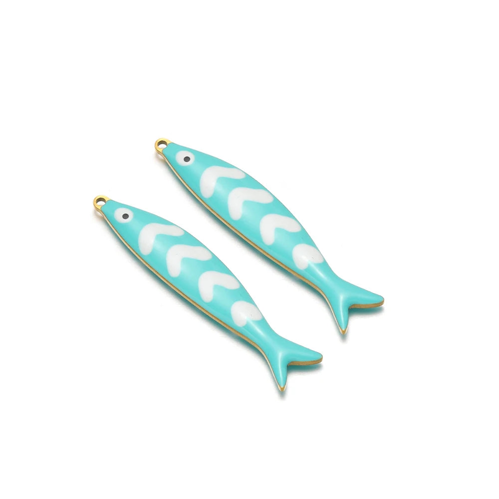 Light teal fish charms with enamel stripes, stainless steel loop, set of 2