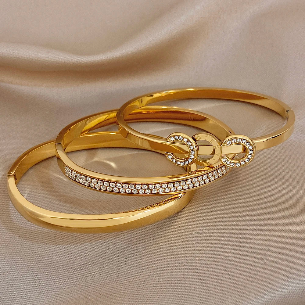 Glossy Gold Plated Stainless Steel Cuff Bangle for Women Trendy Micro Inlaid Zircon Stackable Bracelets Waterproof Jewelry
