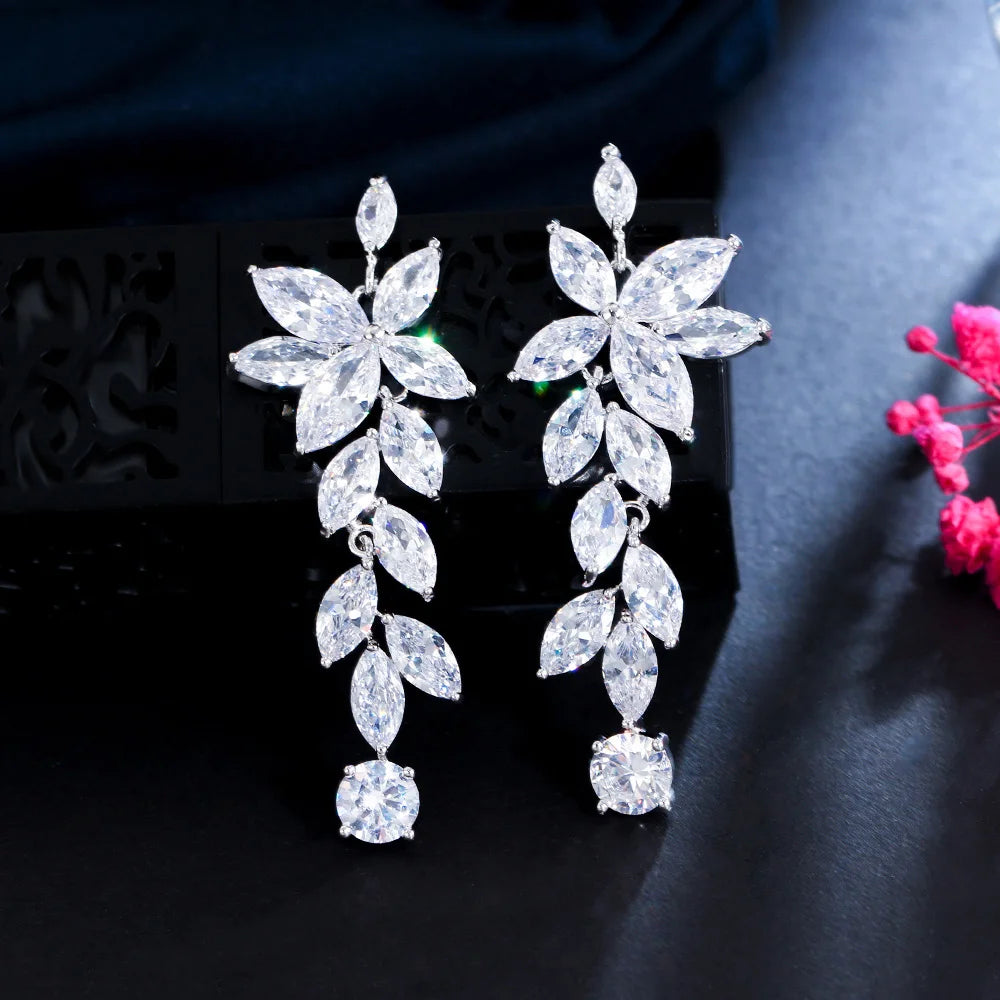 Bling Bling CZ Silver Plated Flower Leaf Shaped Long Dangle Earrings For Women Fashion Jewelry