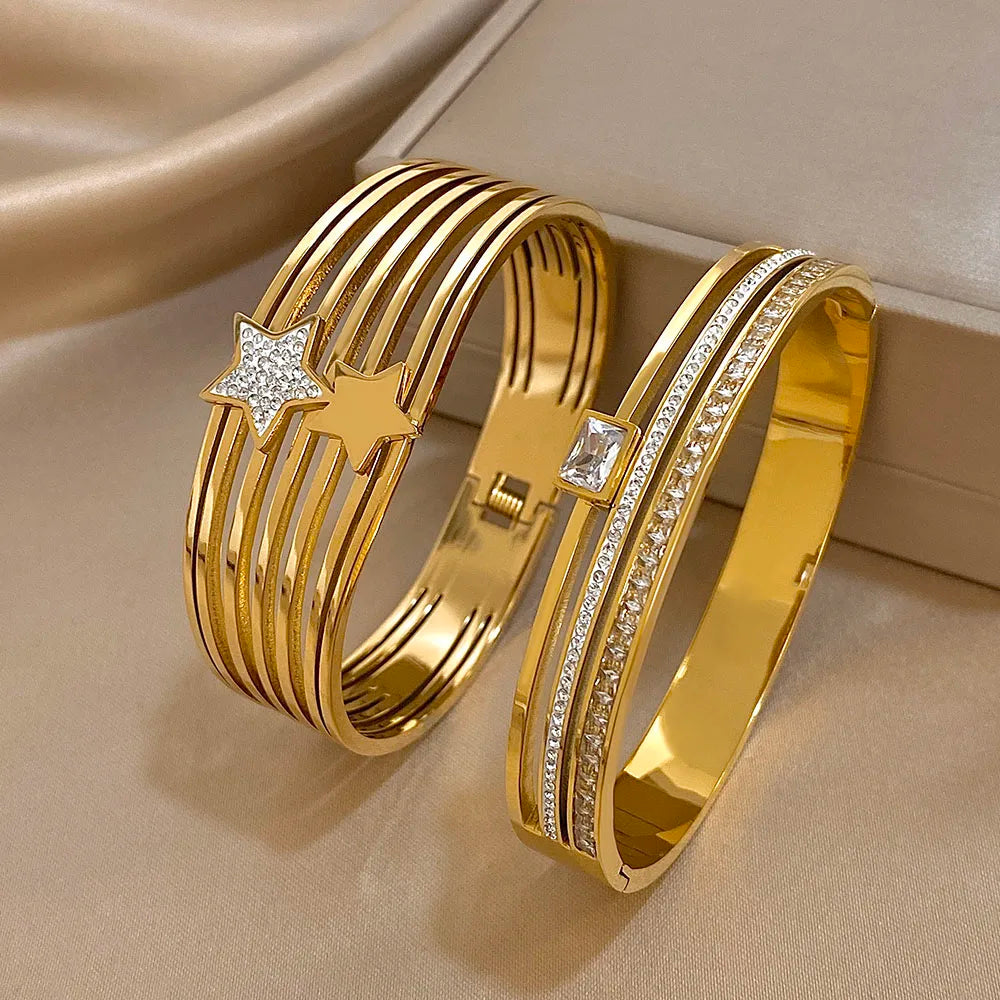 Rhinestone Star Layered Wristband Bangle Chunky Jewelry Gold Color Stainless Steel Cuff Bracelet for Women