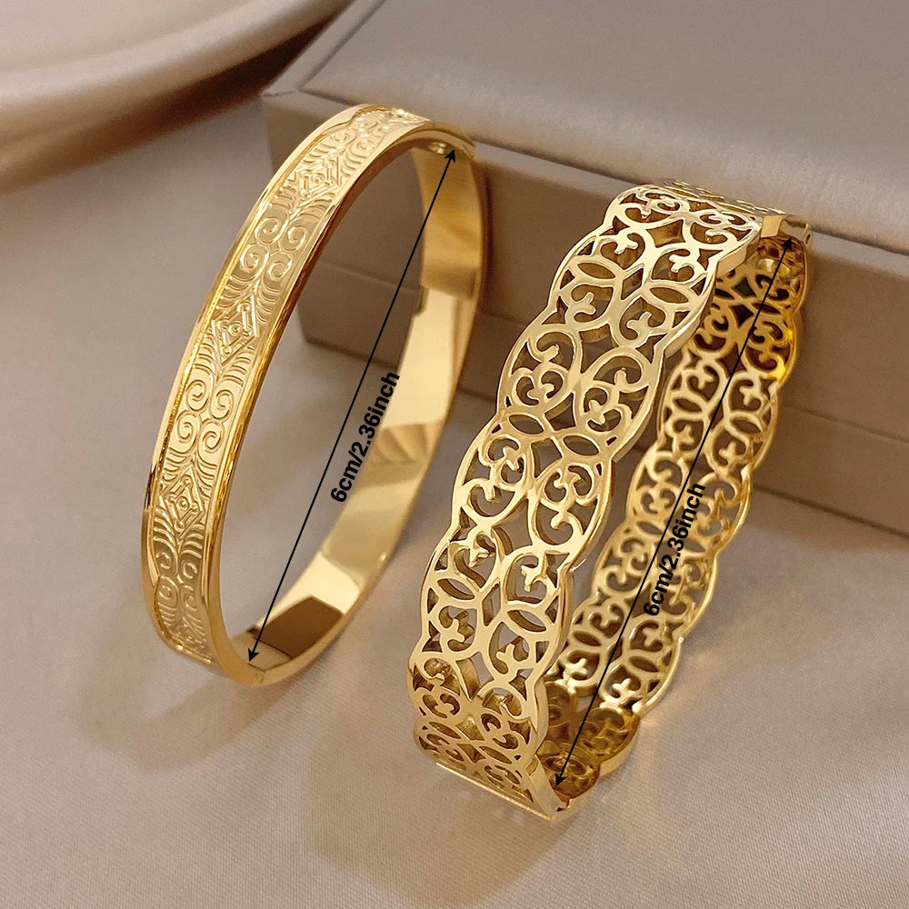 Retro Gothic Stainless Steel Wide Bracelets for Women Men Geometric Textured Carved Gold Plated Cuff Bangle Waterproof Jewelry