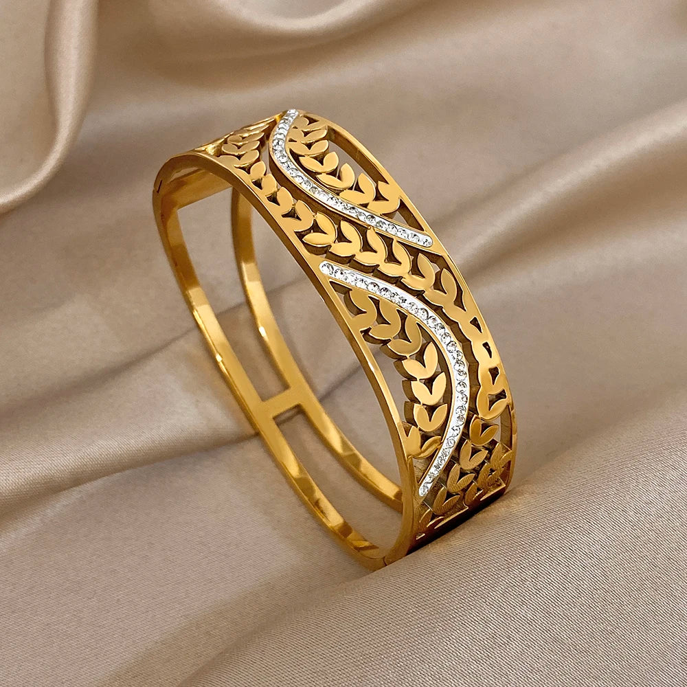 Exquisite Zirconia Wheat Wrist Bracelet for Women Trendy Gold Plated Stainless Steel Cuff Bangle Bracelets Waterproof Jewelry