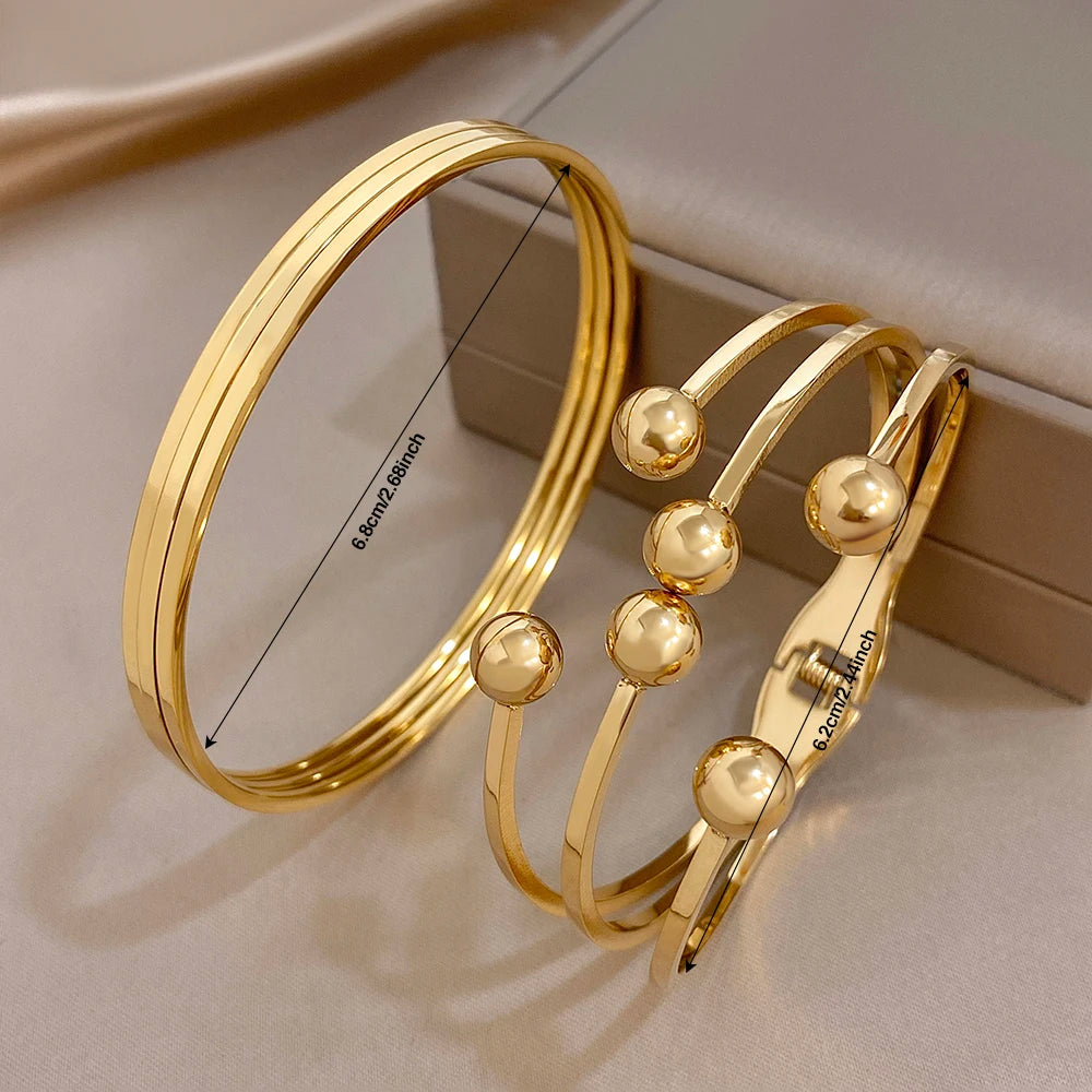 Glossy Multiple Balls Stainless Steel Cuff Bangle for Women Exaggerated Gold Plated Chunky Bracelets Waterproof Jewelry Set