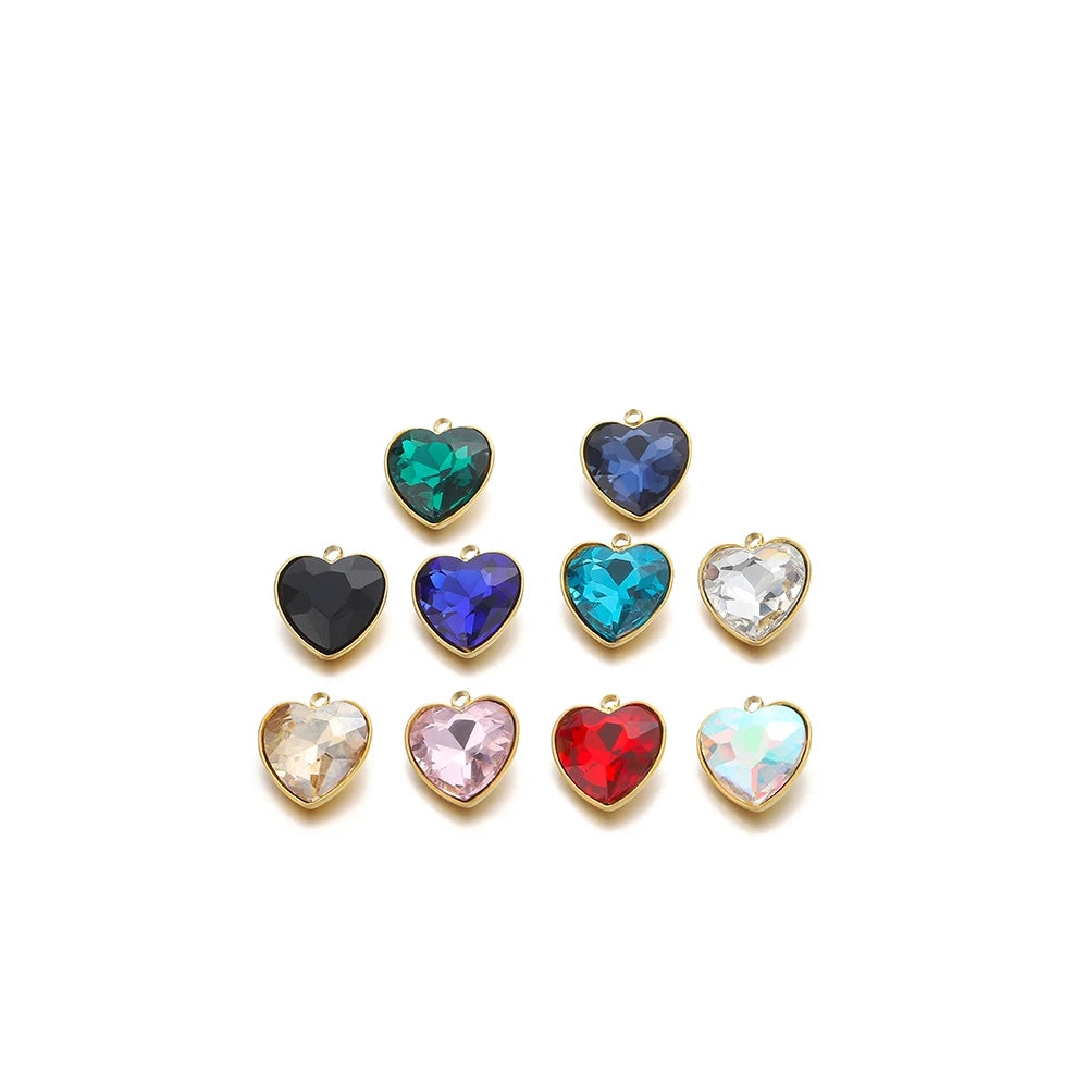 Heart crystal charm pendants set, gold-tone with multicolor heart stones