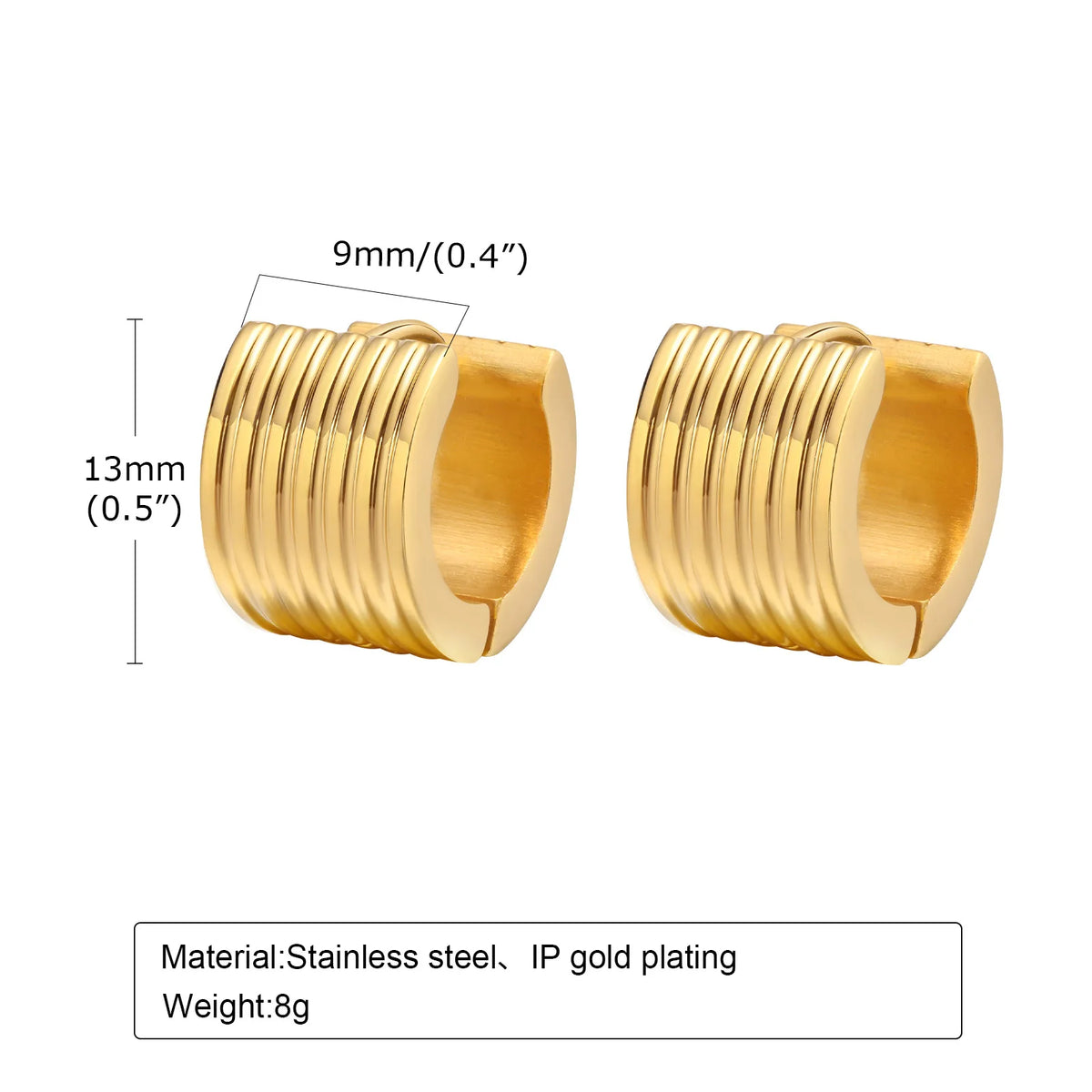 Gold Plated Stainless Steel Chunky Jewelry Ribbed Striped Circle Hoop Huggies Earrings for Women