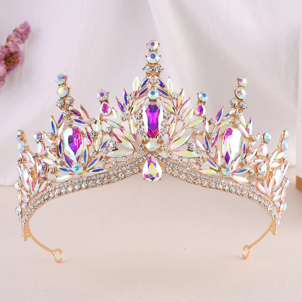 Crystal jeweled wedding tiara with rainbow purple stones and ornate leaf spikes