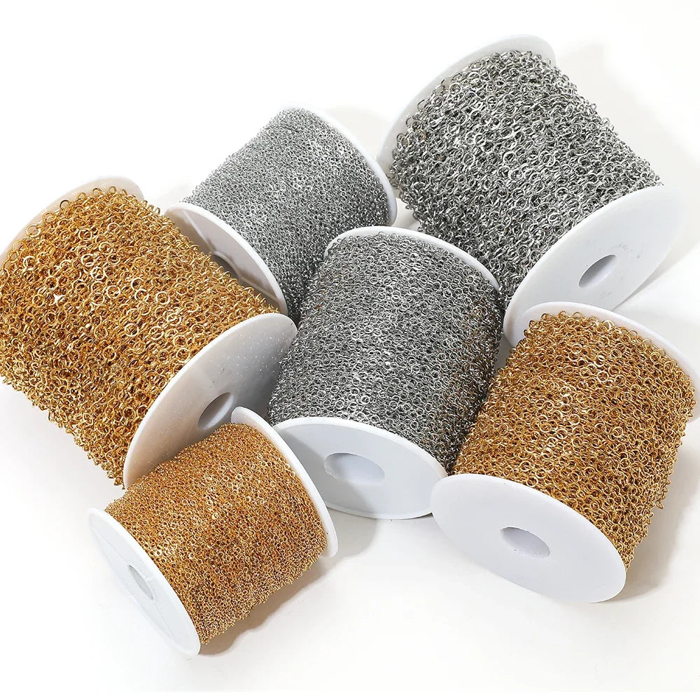 Gold and silver o-ring link chain rolls on white spools