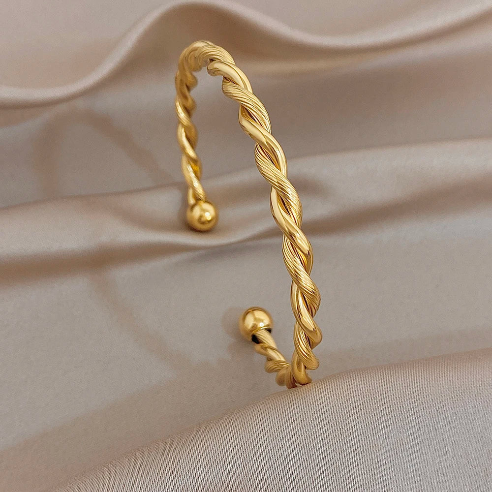Trendy Gold Silver Color Stainless Steel Cuff Bangle for Women Unique Geometric Spiral Chunky Bracelets Waterproof Jewelry