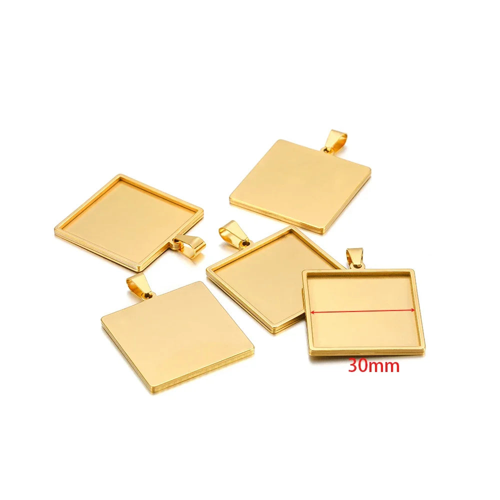 Gold square pendant cabochon base setting tray charms, 30mm size (5-pack)