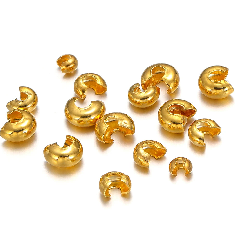 Gold open crimp end bead stoppers, small curved sleeves set