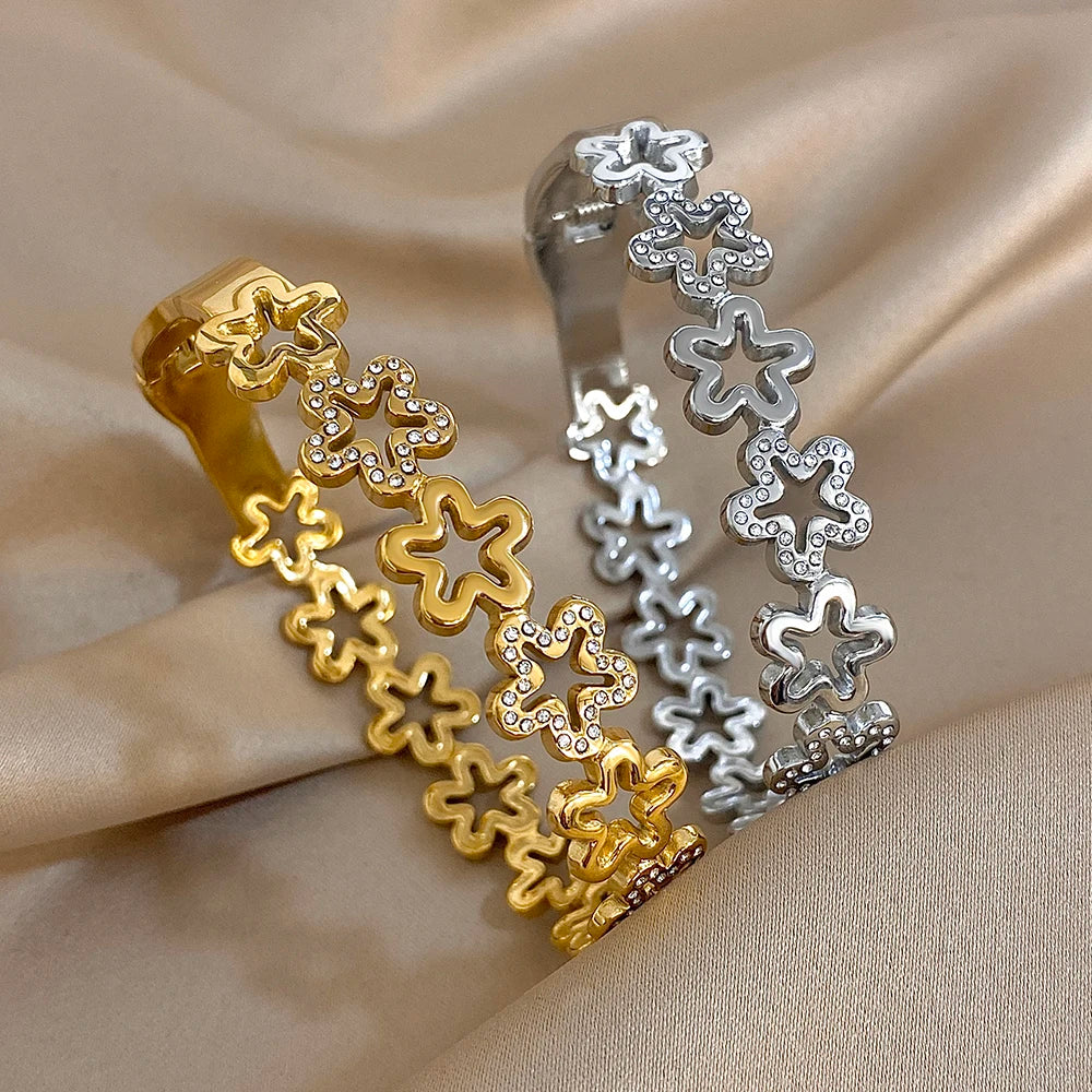 Irregular Zircon Flowers Stainless Steel Bracelet for Women Stylish Gold Plated Cuff Bangle Bracelets Waterproof Jewelry