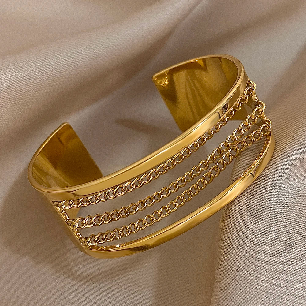 Fashion Gold Silver Color Stainless Steel Cuff Bracelets for Women Chunky Multilayer Thick Chain Wide Bangle Waterproof Jewelry