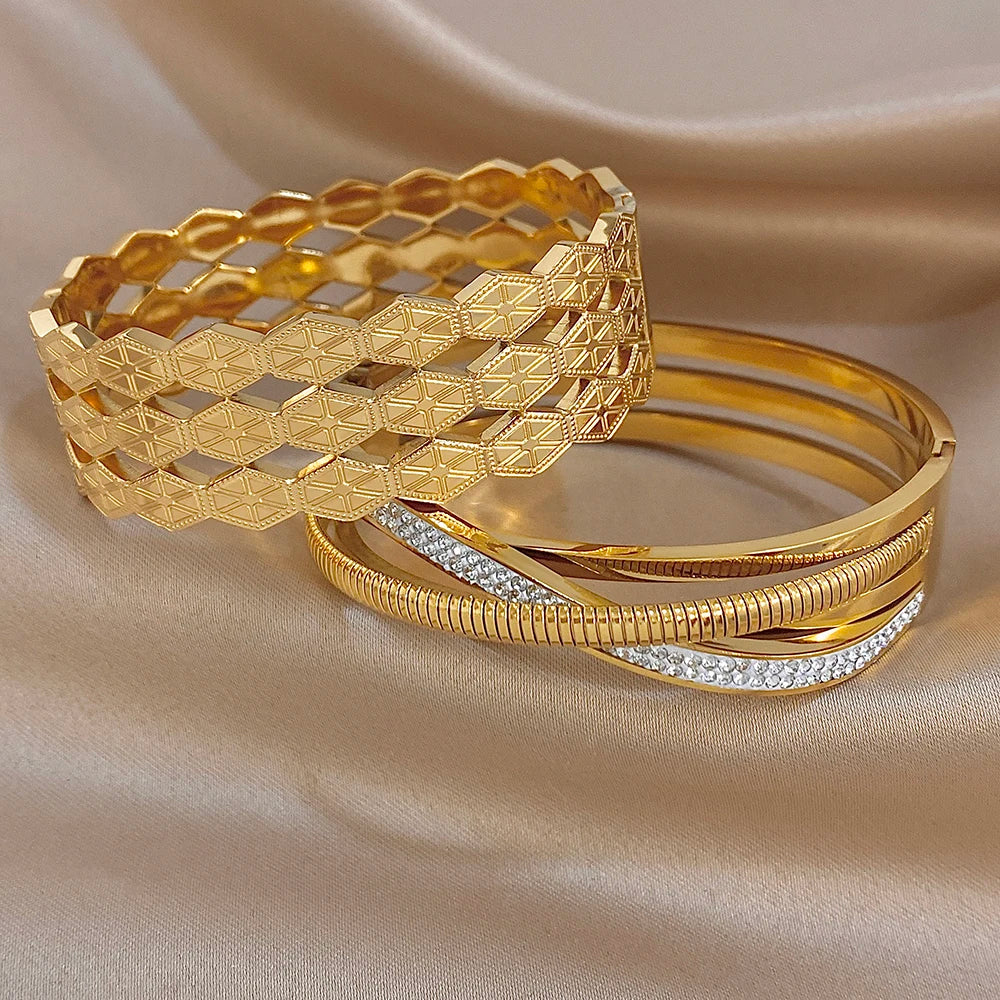 Chunky Gold Plated Stainless Steel Bangle Bracelets Exaggerated Hollow Geometric Textured Cuff Bangles Waterproof Jewelry Set
