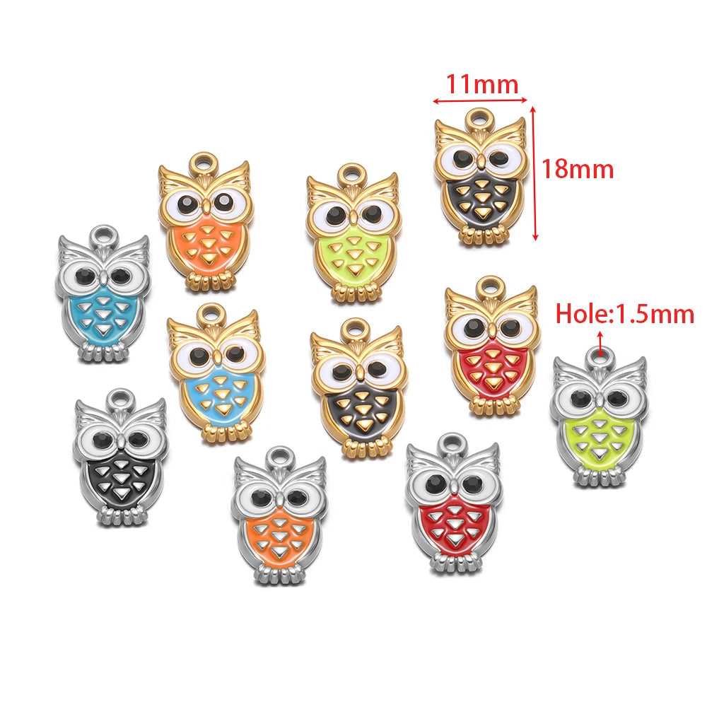 Enamel owl charm set, gold and silver tones; 11x18mm bodies, 1.5mm top hole