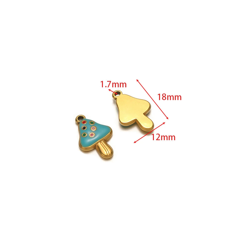 Blue and red mushroom cap charms with enamel dots and gold-tone loops