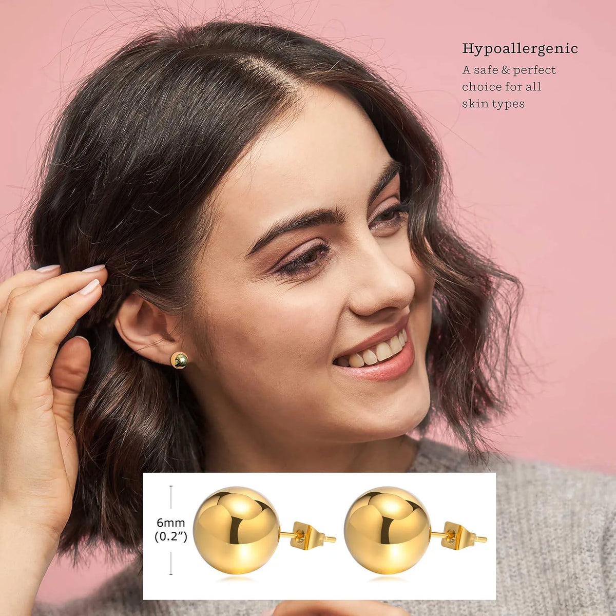Gold-tone ball stud earrings, shown worn and with 6 mm measurement