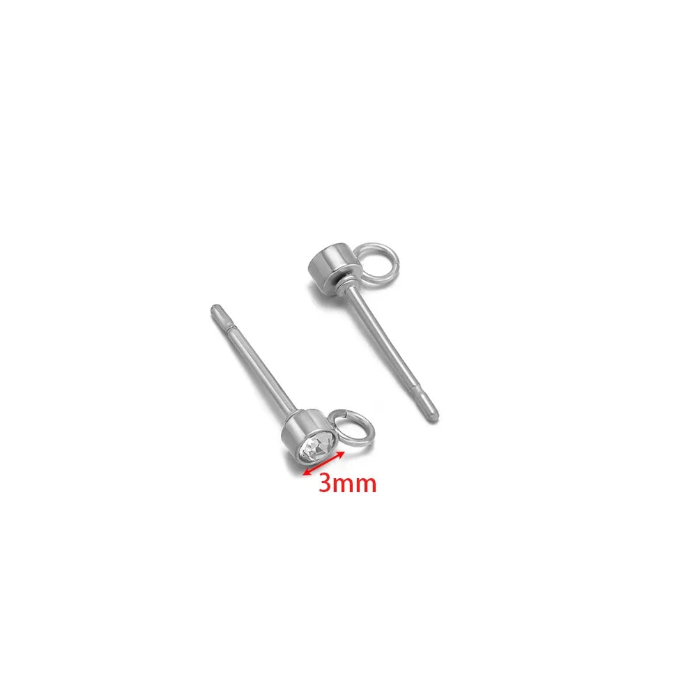 Silver-toned zircon stud earring posts with hook, 3mm clear round stones