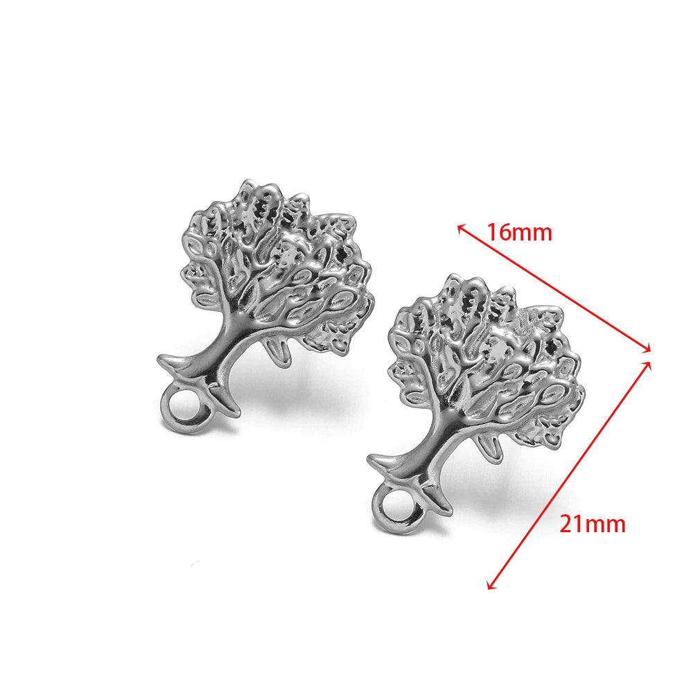 Stainless steel tree-of-life stud earrings with leafy tree pendant design