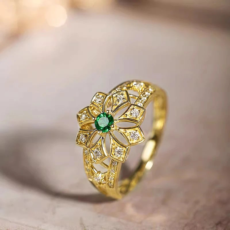 Green Cubic Zirconia Aesthetic Flower Rings For Women Wedding Anniversary Gift