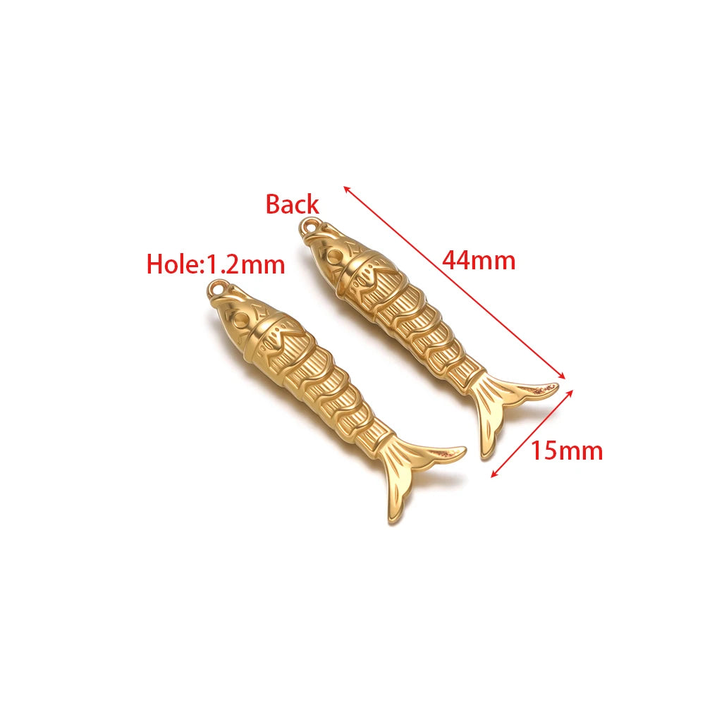 Set of two gold fish charms, 44mm long, 1.2mm hole, 3D metal pendant loops
