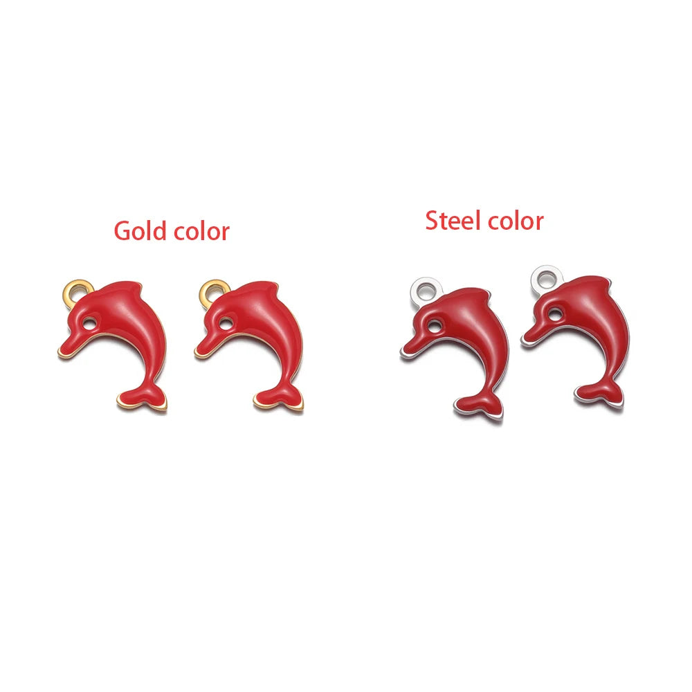 Red dolphin pendant charm with gold-tone loop, marine animal jewelry finding