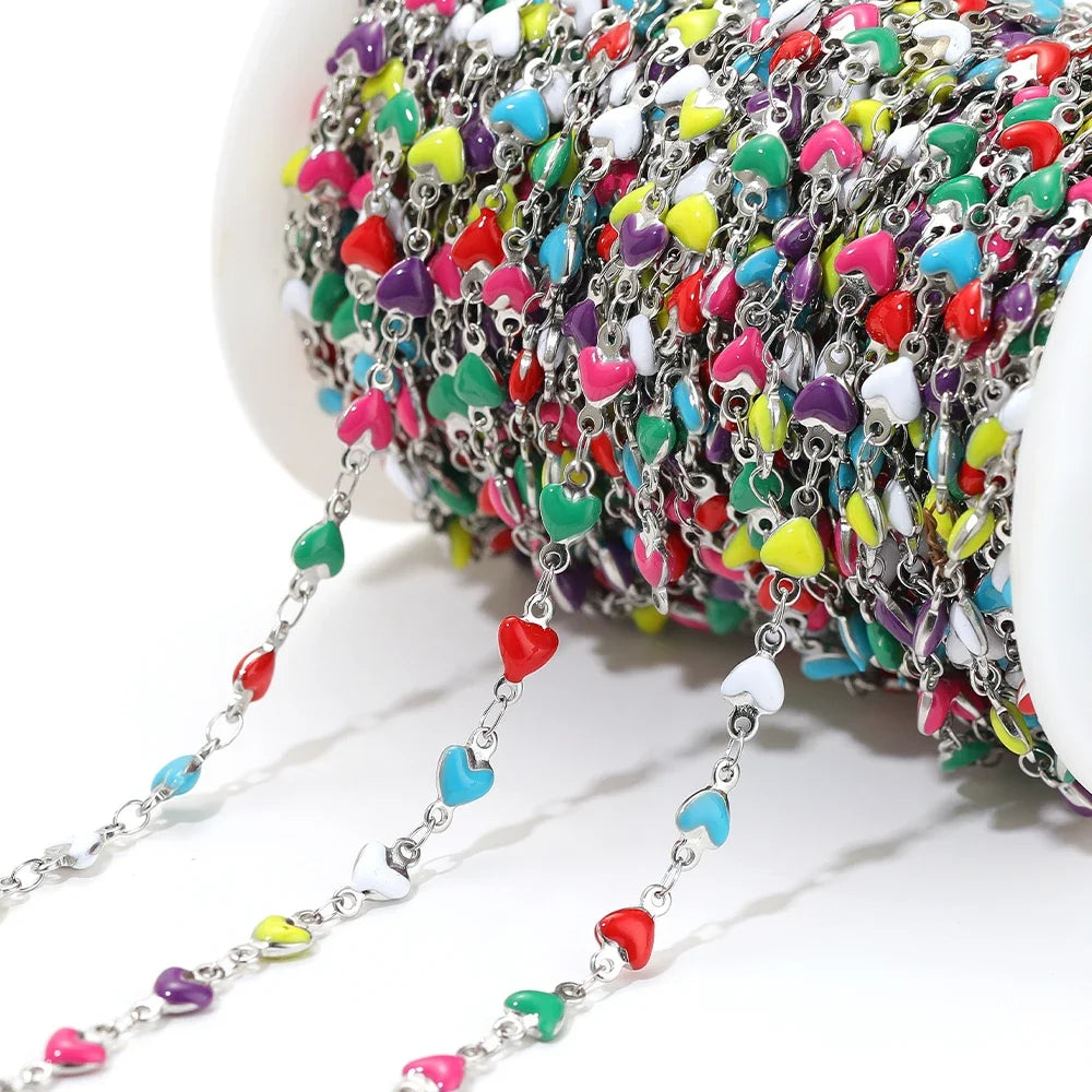 Silver-tone heart link chain with multicolor enamel heart charms and small links