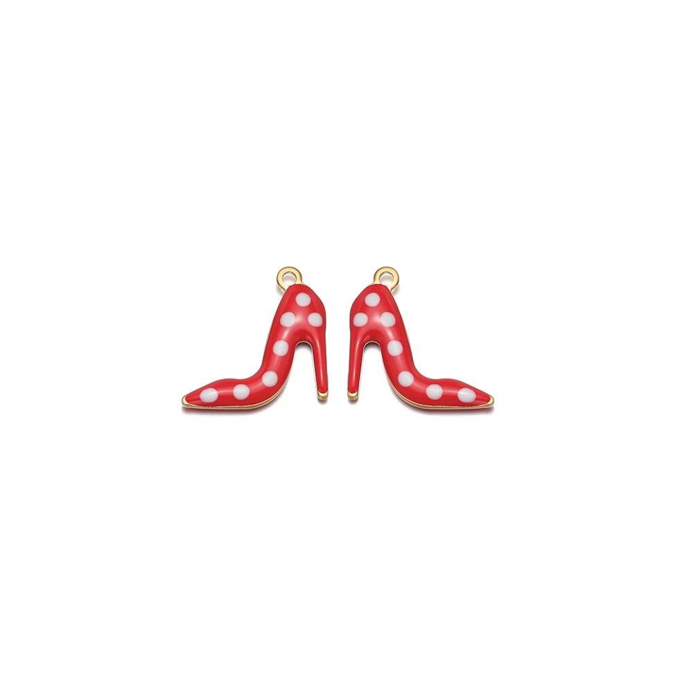 Red enamel high-heel charm with white polka dots and gold loop bail