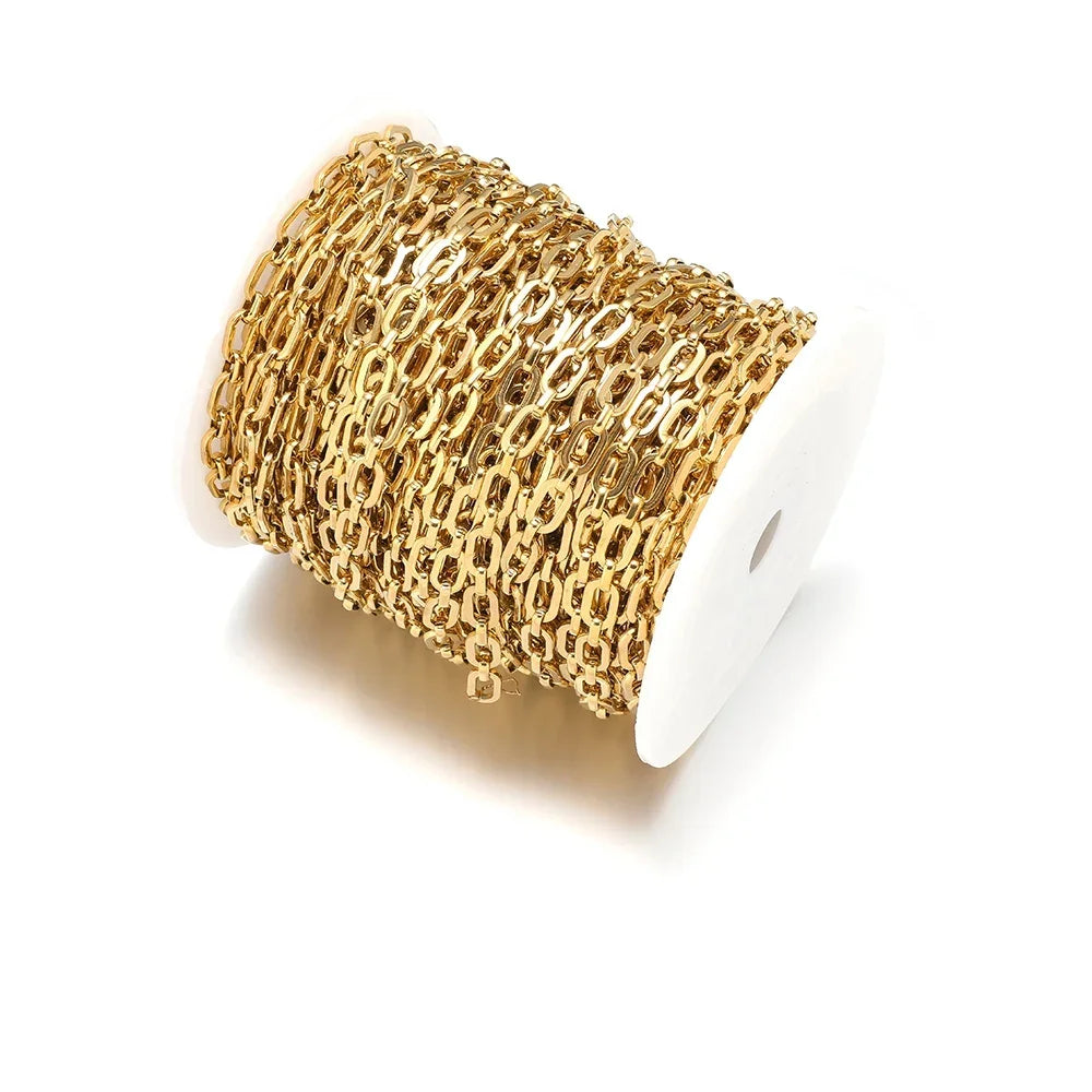 Gold square link chain on a white spool, neatly coiled for DIY jewelry projects