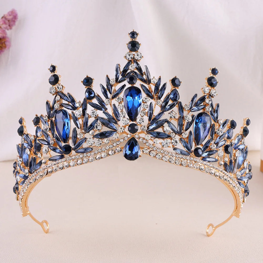Blue sapphire-tone crystal tiara headband with pointed leaves and rhinestone band